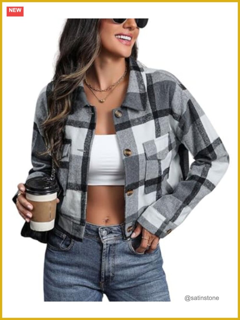 Women's Cropped Plaid Shacket Long Sleeve Button Down Flannel Jacket
